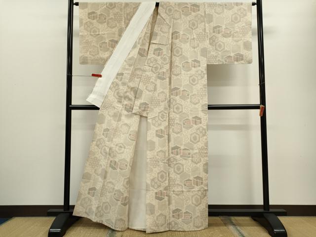 平和屋着物▽上質な紬　単衣　100亀甲　亀甲吉祥花文　正絹　逸品　CABF3017ze