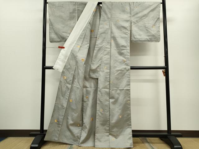 平和屋着物▽上質な紬　単衣　刺繍　吉祥花丸文　正絹　逸品　CABF3028ze