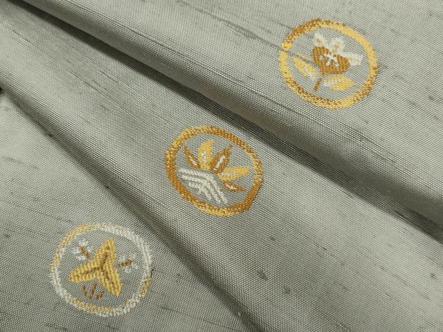 平和屋着物▽上質な紬　単衣　刺繍　吉祥花丸文　正絹　逸品　CABF3028ze