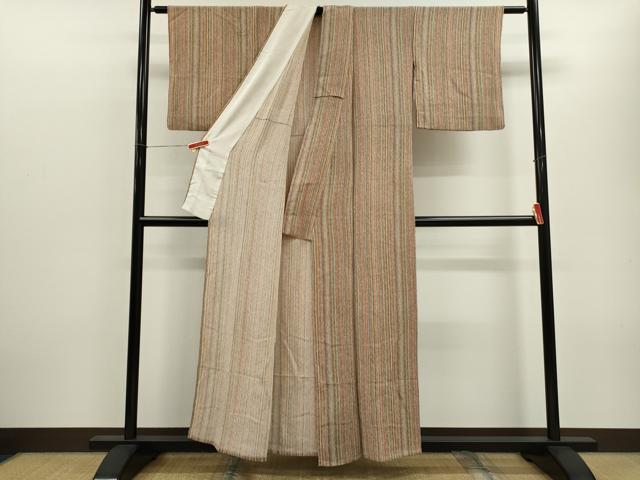 平和屋着物▽上質な小紋　単衣　縞　鬼しぼ縮緬　正絹　逸品　CABF3030ze