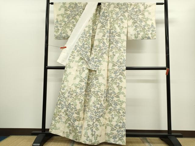平和屋着物▽上質な紬　単衣　草花文　正絹　逸品　CABF3031ze