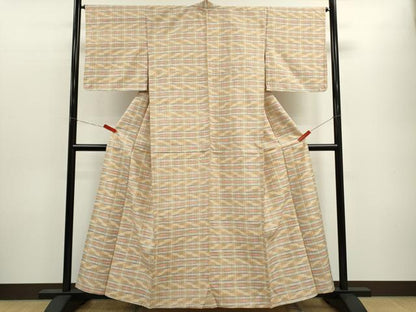 平和屋着物▽上質な紬　単衣　格子柄　正絹　逸品　CABF3034ze