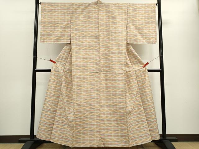 平和屋着物▽上質な紬　単衣　格子柄　正絹　逸品　CABF3034ze