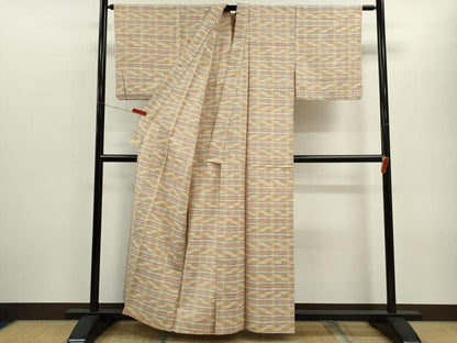 平和屋着物▽上質な紬　単衣　格子柄　正絹　逸品　CABF3034ze