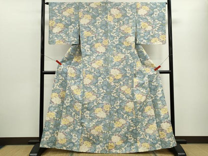 平和屋着物▽上質な紬　単衣　草花文　正絹　逸品　CABF3037ze