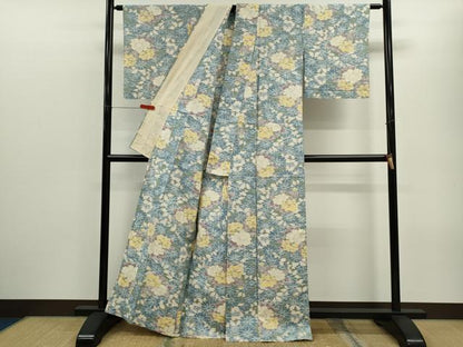 平和屋着物▽上質な紬　単衣　草花文　正絹　逸品　CABF3037ze