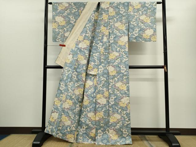 平和屋着物▽上質な紬　単衣　草花文　正絹　逸品　CABF3037ze