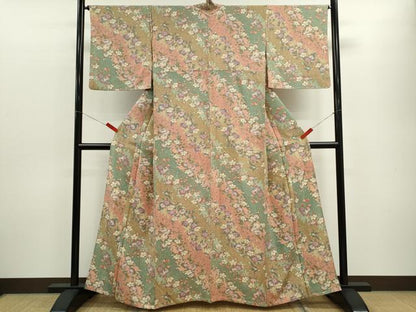 平和屋着物▽上質な小紋　単衣　枝花文　たたき染め　正絹　逸品　CABF3041ze