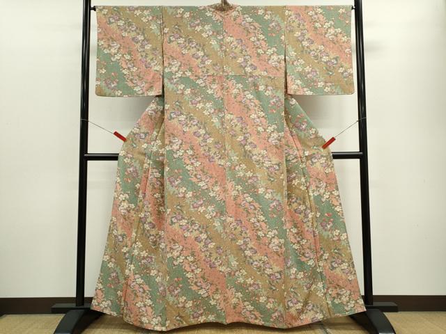 平和屋着物▽上質な小紋　単衣　枝花文　たたき染め　正絹　逸品　CABF3041ze