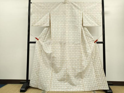 平和屋着物▽上質な紬　単衣　格子吉祥文　正絹　逸品　CABF3046ze