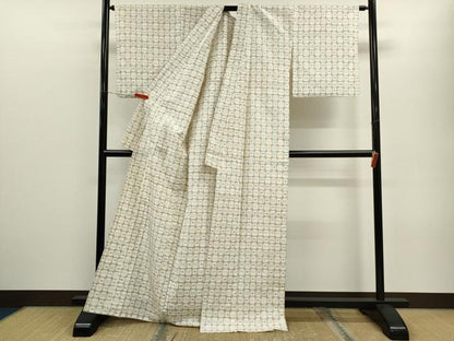 平和屋着物▽上質な紬　単衣　格子吉祥文　正絹　逸品　CABF3046ze