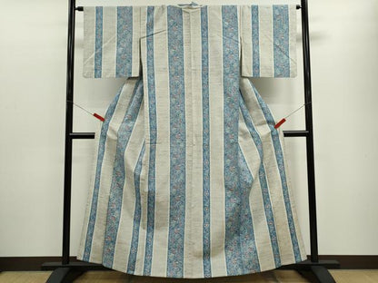 平和屋着物▽上質な紬　単衣　花唐草間道　正絹　逸品　CABF3051ze