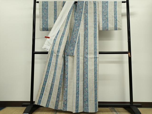 平和屋着物▽上質な紬　単衣　花唐草間道　正絹　逸品　CABF3051ze