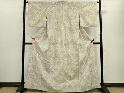 平和屋着物▽本塩沢　単衣　菱草花文　正絹　逸品　CABF3052ze