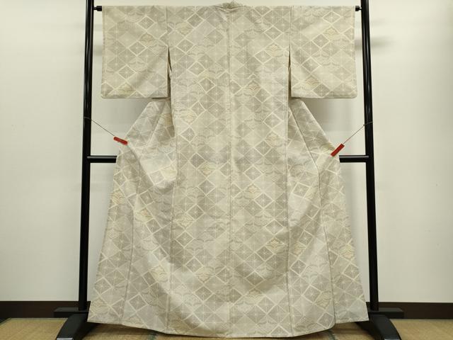 平和屋着物▽本塩沢　単衣　菱草花文　正絹　逸品　CABF3052ze