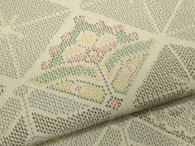 平和屋着物▽本塩沢　単衣　菱草花文　正絹　逸品　CABF3052ze