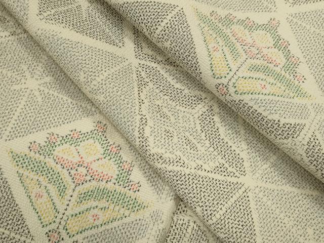 平和屋着物▽本塩沢　単衣　菱草花文　正絹　逸品　CABF3052ze