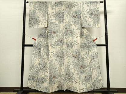 平和屋着物▽上質な小紋　単衣　花車文　鬼しぼ縮緬　正絹　逸品　CABF3058ze