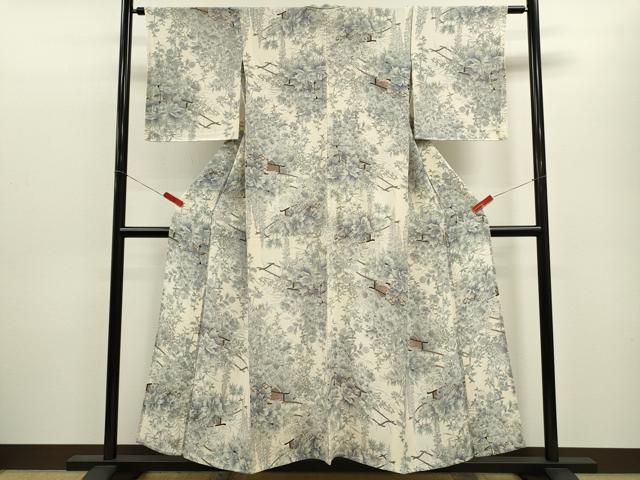 平和屋着物▽上質な小紋　単衣　花車文　鬼しぼ縮緬　正絹　逸品　CABF3058ze