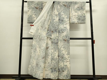平和屋着物▽上質な小紋　単衣　花車文　鬼しぼ縮緬　正絹　逸品　CABF3058ze