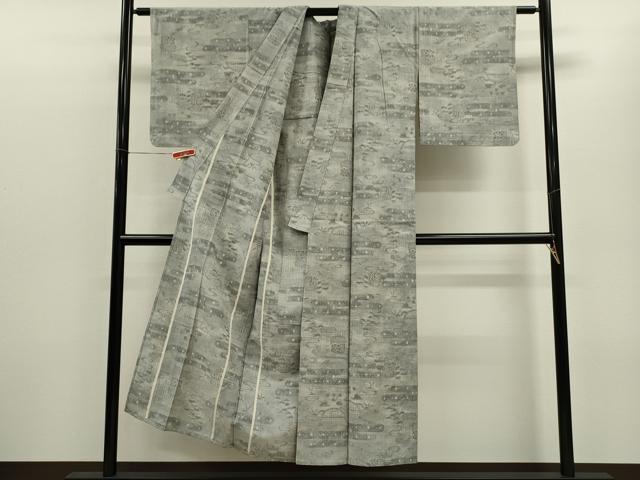 平和屋着物▽上質な紬　単衣　エ霞吉祥草花文　正絹　逸品　CABF3060ze