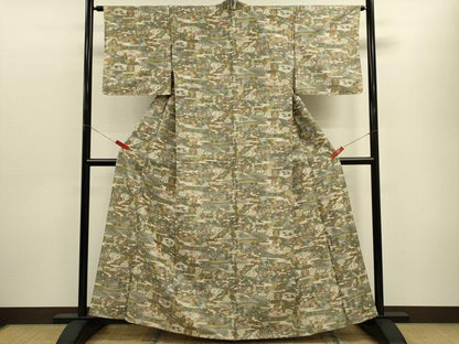 平和屋着物▽上質な紬　単衣　風景文　正絹　逸品　CABF3061ze