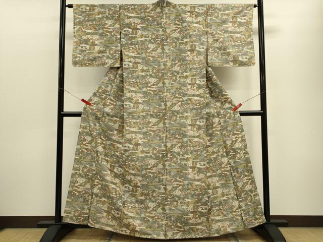 平和屋着物▽上質な紬　単衣　風景文　正絹　逸品　CABF3061ze