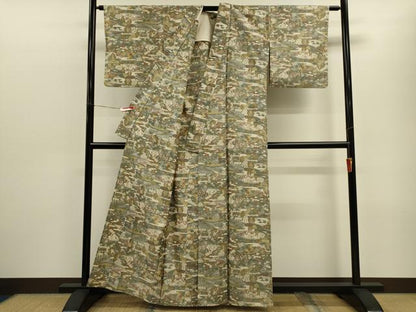 平和屋着物▽上質な紬　単衣　風景文　正絹　逸品　CABF3061ze