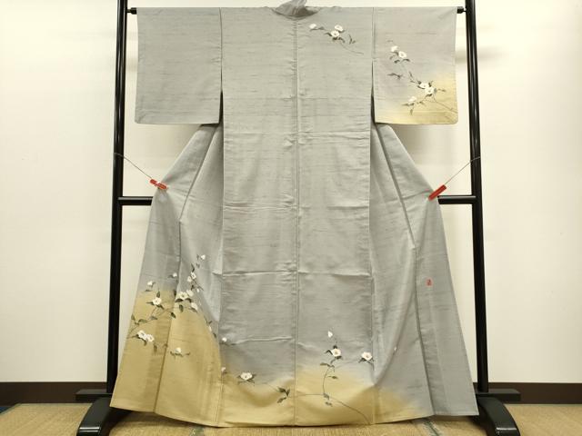 平和屋着物▽訪問着　単衣　白山紬　作家物　友禅　霞枝椿　正絹　逸品　CABF3062ze
