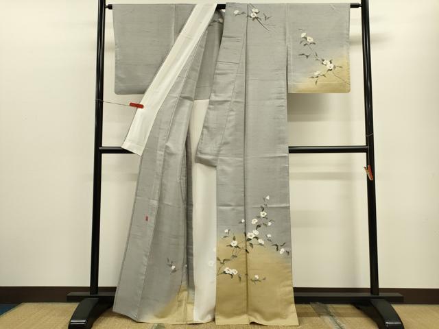 平和屋着物▽訪問着　単衣　白山紬　作家物　友禅　霞枝椿　正絹　逸品　CABF3062ze