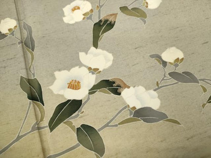 平和屋着物▽訪問着　単衣　白山紬　作家物　友禅　霞枝椿　正絹　逸品　CABF3062ze