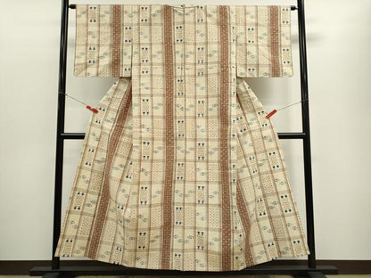 平和屋着物▽上質な紬　単衣　格子琉球絣文様　正絹　逸品　CABF3068ze