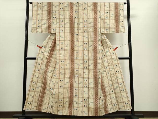 平和屋着物▽上質な紬　単衣　格子琉球絣文様　正絹　逸品　CABF3068ze