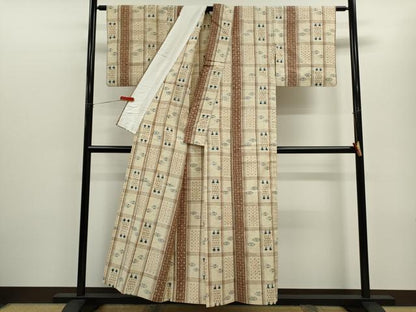 平和屋着物▽上質な紬　単衣　格子琉球絣文様　正絹　逸品　CABF3068ze