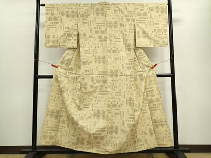 平和屋着物▽上質な紬　単衣　幾何学文　正絹　逸品　CABF3071ze