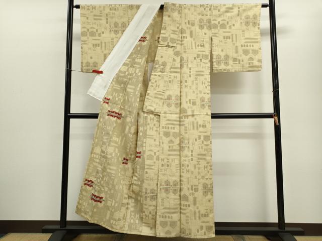平和屋着物▽上質な紬　単衣　幾何学文　正絹　逸品　CABF3071ze