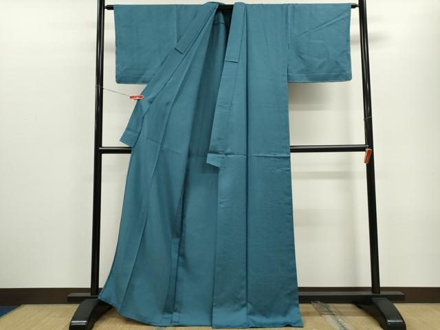 平和屋着物▽上質な色無地　単衣　菱枝葉地紋　藍色　正絹　逸品　未使用　CABF3078ze