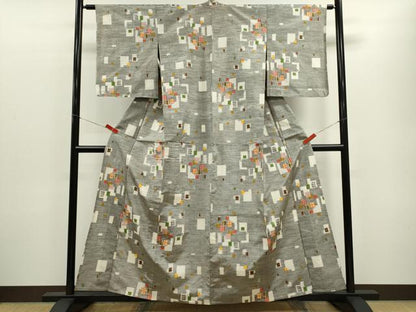 平和屋着物▽上質な紬　単衣　色紙重ね文　正絹　逸品　CABF3080ze