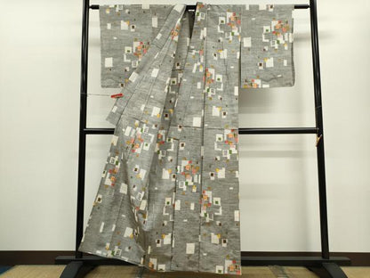 平和屋着物▽上質な紬　単衣　色紙重ね文　正絹　逸品　CABF3080ze