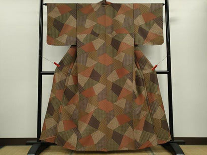平和屋着物▽小紋　単衣　切嵌吉祥文　鬼しぼ縮緬　正絹　逸品　CABF3085ze