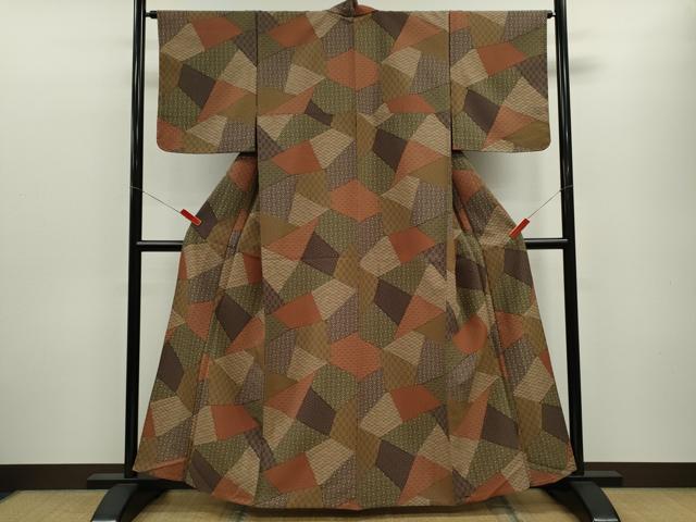 平和屋着物▽小紋　単衣　切嵌吉祥文　鬼しぼ縮緬　正絹　逸品　CABF3085ze