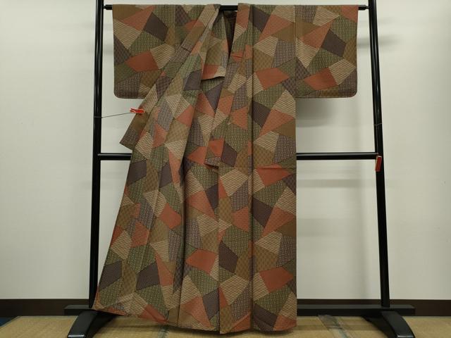 平和屋着物▽小紋　単衣　切嵌吉祥文　鬼しぼ縮緬　正絹　逸品　CABF3085ze