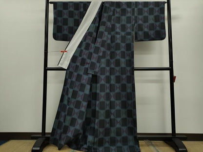 平和屋着物▽小紋　単衣　市松吉祥文　洗える着物　CABF3086ze