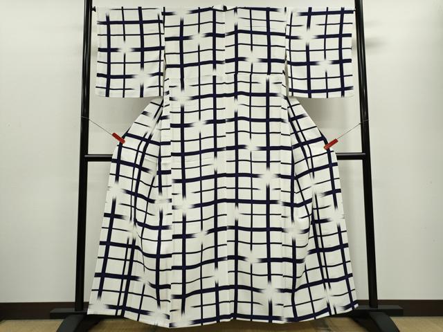 平和屋着物▽小紋　単衣　格子柄　洗える着物　CABF3092ze