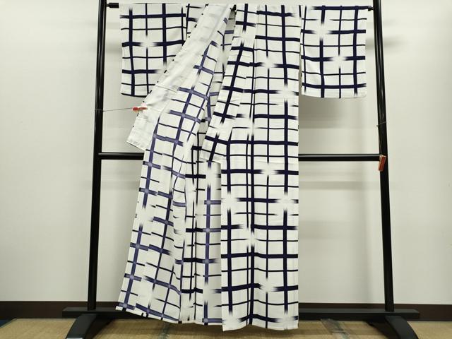 平和屋着物▽小紋　単衣　格子柄　洗える着物　CABF3092ze