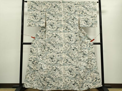 平和屋着物▽上質な小紋　単衣　松竹梅風景文　正絹　逸品　CABF3094ze
