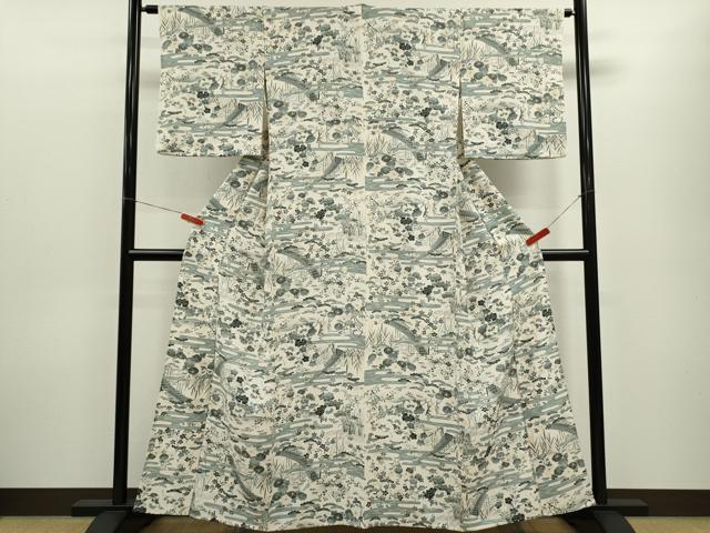 平和屋着物▽上質な小紋　単衣　松竹梅風景文　正絹　逸品　CABF3094ze