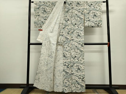 平和屋着物▽上質な小紋　単衣　松竹梅風景文　正絹　逸品　CABF3094ze