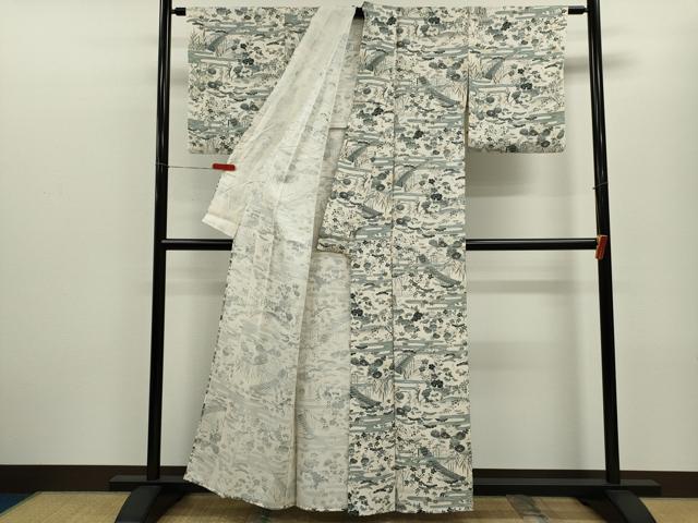 平和屋着物▽上質な小紋　単衣　松竹梅風景文　正絹　逸品　CABF3094ze