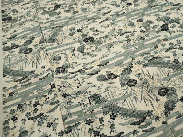 平和屋着物▽上質な小紋　単衣　松竹梅風景文　正絹　逸品　CABF3094ze